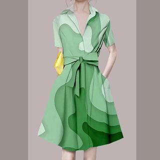 Long-sleeve / Short-sleeve Print Midi A-line Dress With Belt