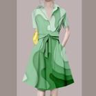 Long-sleeve / Short-sleeve Print Midi A-line Dress With Belt