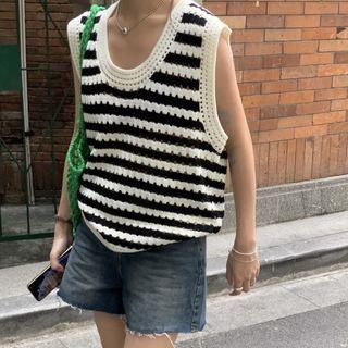 Striped Crochet Knit Tank Top Tank Top - Stripe - Black & White - One Size