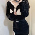 Long-sleeve Color-block Camisole / Cropped Knit Cardigan / Slit Mini Skirt
