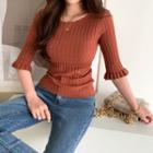 Frill-sleeve Ribbed Top Red Brown - One Size