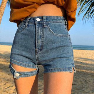 High-waist Denim Split Skinny Shorts