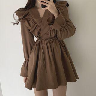 Long-sleeve V-neck Ruffle Trim Mini A-line Dress