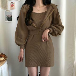 Set: Spaghetti Strap Mini Bodycon Dress + Cropped Zip-up Hoodie