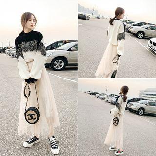 Set: Lace Panel Sweatshirt + Midi A-line Mesh Skirt