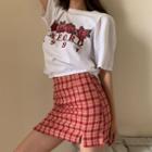 Flower Print Short-sleeve T-shirt / Plaid Mini Straight-fit Skirt