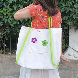 Flower Appliqued Canvas Shopper Bag