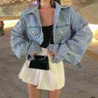 Cropped Button Denim Jacket / Mini Pleated Skirt