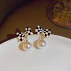 Check Ribbon Faux Pearl Drop Earring 1 Pair - Black & White & Gold - One Size