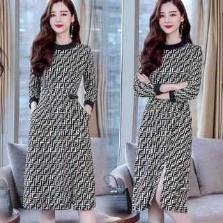 Slit-front Mock Neck Pattern Knit Dress