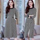 Slit-front Mock Neck Pattern Knit Dress