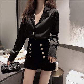 Notch Lapel Blouse / Double-breasted High Waist Shorts