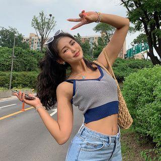 Sleeveless V-neck Stripe Knit Crop Top
