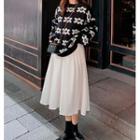 Long-sleeve Flower Printed Knit Sweater / Plain Midi Skirt
