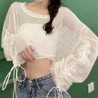 Set: Bandeau + Long-sleeve Drawstring Cropped Mesh Top