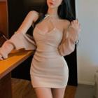 Set: Halter-neck Mini Bodycon Dress + Cropped Cardigan