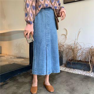 Heart Print Loose-fit Jumper / Denim Midi Skirt