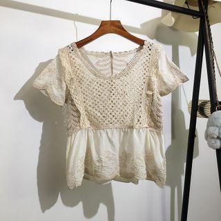 Crochet Knit Panel Short-sleeve Top