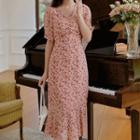 V-neck Floral Ruffle Hem Midi A-line Dress