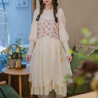 Long-sleeve Floral Embroidered Midi Dress / Camisole Top