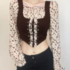Mock Two-piece Long-sleeve Floral Print Lace-up Crop Top