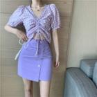 Short-sleeve Gingham Cropped Blouse / Mini Skirt