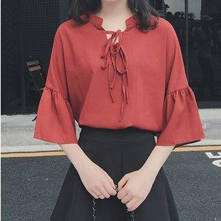 Lace-up Elbow-sleeve Chiffon Top