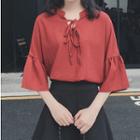Lace-up Elbow-sleeve Chiffon Top