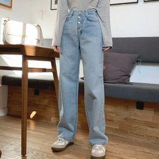 Button-trim Washed Straight-cut Jeans