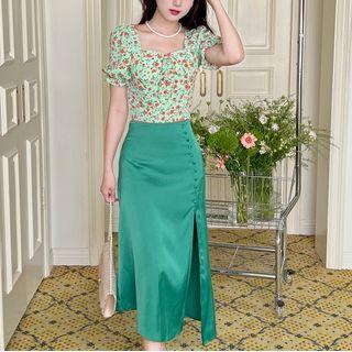 Short-sleeve Square Neck Floral Crop Top / Slit Midi Pencil Skirt