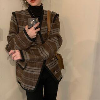 Long-sleeve Plaid Coat Coffee - One Size