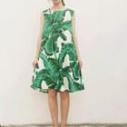 Leaf Print Sleeveless Shift Dress