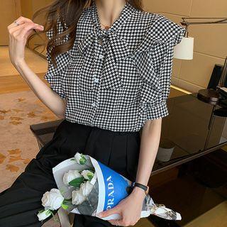 Elbow-sleeve Ruffled Houndstooth Blouse