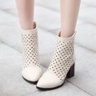 Perforated Chunky Heel Short Boots