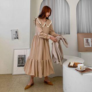 Wide-collar Long Ruffle Dress