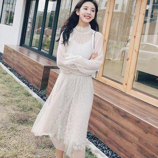 Set: Mock Neck Blouse + Star Midi A-line Mesh Skirt