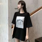 Elbow-sleeve Lettering Long T-shirt Black - One Size