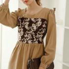 Patterned Panel Long-sleeve Midi A-line Dress