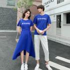 Couple Matching Short-sleeve Letter T-shirt / Asymmetric A-line Dress