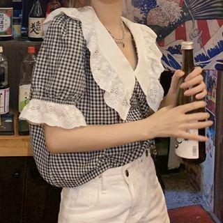 Puff-sleeve V-neck Plaid Shirt Plaid - One Size