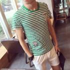 Patch Embroidered Striped Short Sleeve T-shirt