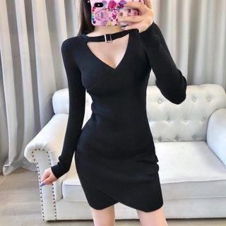 Long-sleeve Cut-out Knit Mini Sheath Dress