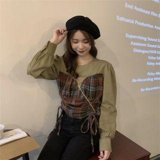 Long-sleeve Plaid Panel Blouse Green & Brown - One Size