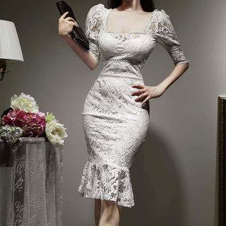 Short-sleeve Square-neck Lace Trim Dress