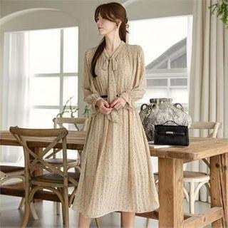 Pleated Polka-dot Chiffon Dress With Belt