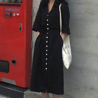 Elbow-sleeve Lapel Collar Shirtdress With Sash