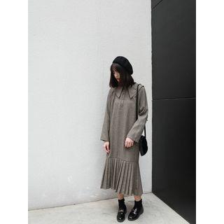Pleated Panel Long-sleeve Midi Collared Dress