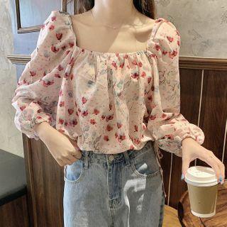 Floral Print Balloon-sleeve Blouse Floral - One Size