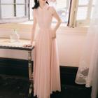 Short-sleeve Floral Embroidered Maxi A-line Chiffon Dress