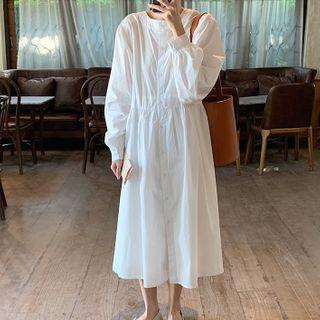 Long-sleeve Button-up Midi A-line Dress White - One Size
